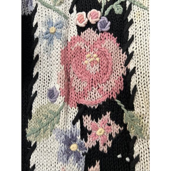 Vintage Maggie Lawrence Cardigan 80s Black Knit Flower Sweater Medium Read - Picture 7 of 16